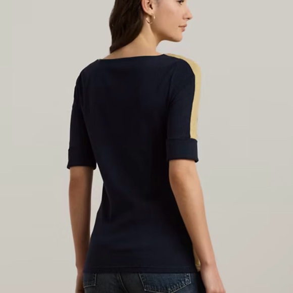 Ralph Lauren Women’s Two-Tone Stretch Cotton Elbow-Sleeve Tee Navy Blue Gold NWT - Picture 13 of 15